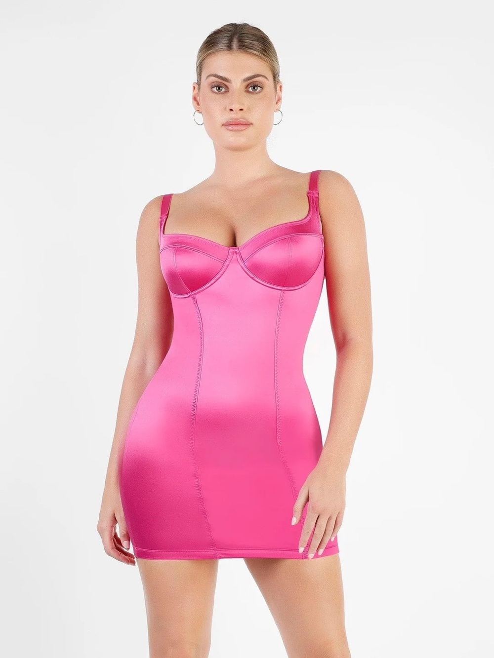 Satin Underwire Mini Slip Shapewear Dress in Hot Pink Popilush